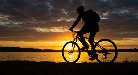 Obraz premium Silhouette of cyclist enjoying sunset by lake.