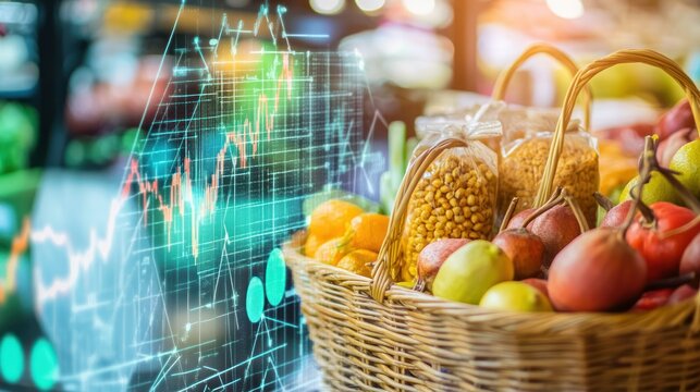Fresh produce in a wicker basket with superimposed stock market graph.