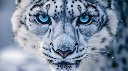 Fototapeta premium Snow Leopard Head Close Up with Intense Blue Eyes and White Fur Background