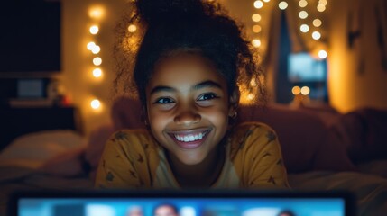African teen girl talking with friends on distance video group conference call in bedroom. Mixed race teenager having fun chatting during virtual meeting at home communicating online lying in bed.