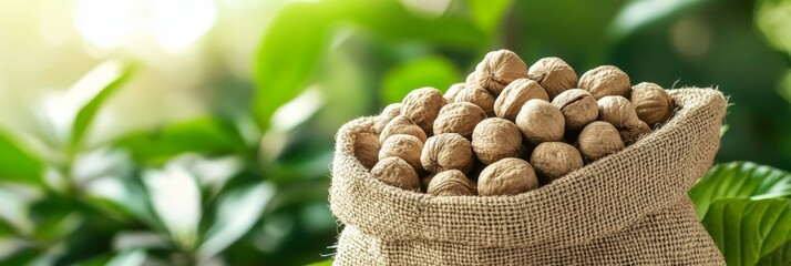 Freshly Harvested Walnuts in Burlap Sack, Abundant Fall Harvest on the Farm, Copy Space Provided