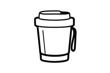 Black And White Line Art Illustration Of A Reusable Travel Mug With Lid For Coffee And Drinks