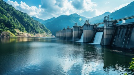 Dam and hydroelectric turbines at a hydro power plant.