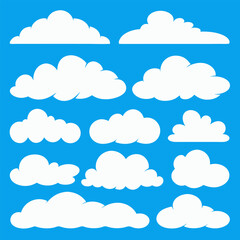 Vector Set of Cartoon Cloud Shapes – Flat White Clouds on Blue Sky Background.