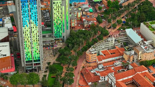 Aerial view establishing tilt up of departments of the university city for students City U, would walk from the environmental axis of Bogota, Colombia in the daytime.