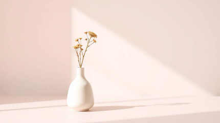A ceramic vase with a single dried flower on a pastel pink surface – Generative AI