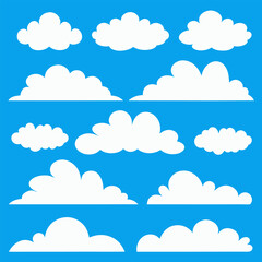 Vector Set of Cartoon Cloud Shapes – Flat White Clouds on Blue Sky Background.