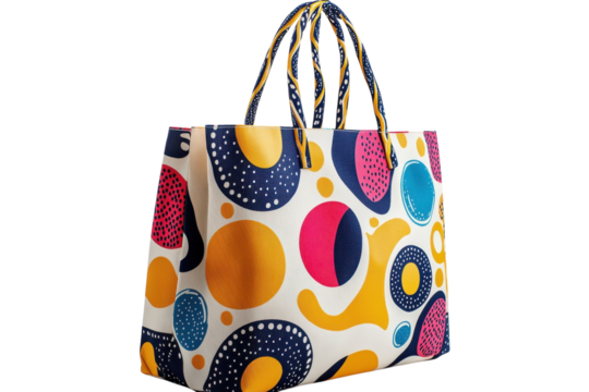 Stylish abstract colorful tote bag vibrant design on black background on transparent background