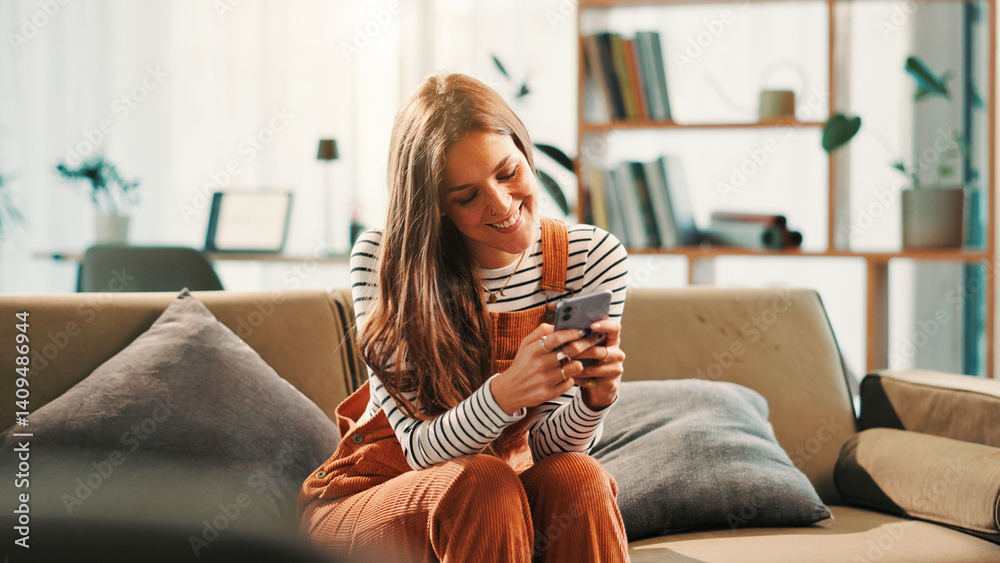 Poster phone, relax and woman on sofa in house with networking, communication or contact on mobile app. hap