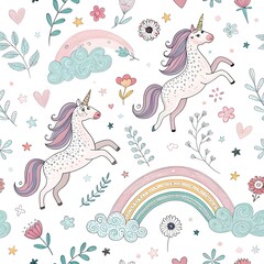 Obraz premium Whimsical Unicorns Frolicking Amidst Pastel Rainbow Clouds and Floral Delights