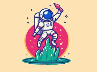 Astronaut joyfully leaps on vibrant alien flora, space adventure