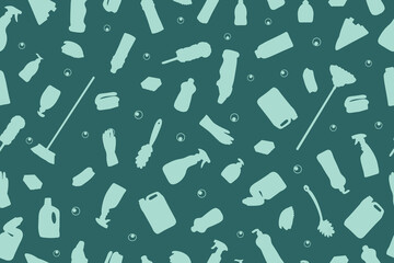 Seamless pattern with cleaning products on a blue background. Drawing for packaging, business cards and wallpaper. Image of a bucket, rags, brushes, detergents and household items. Vector illustration