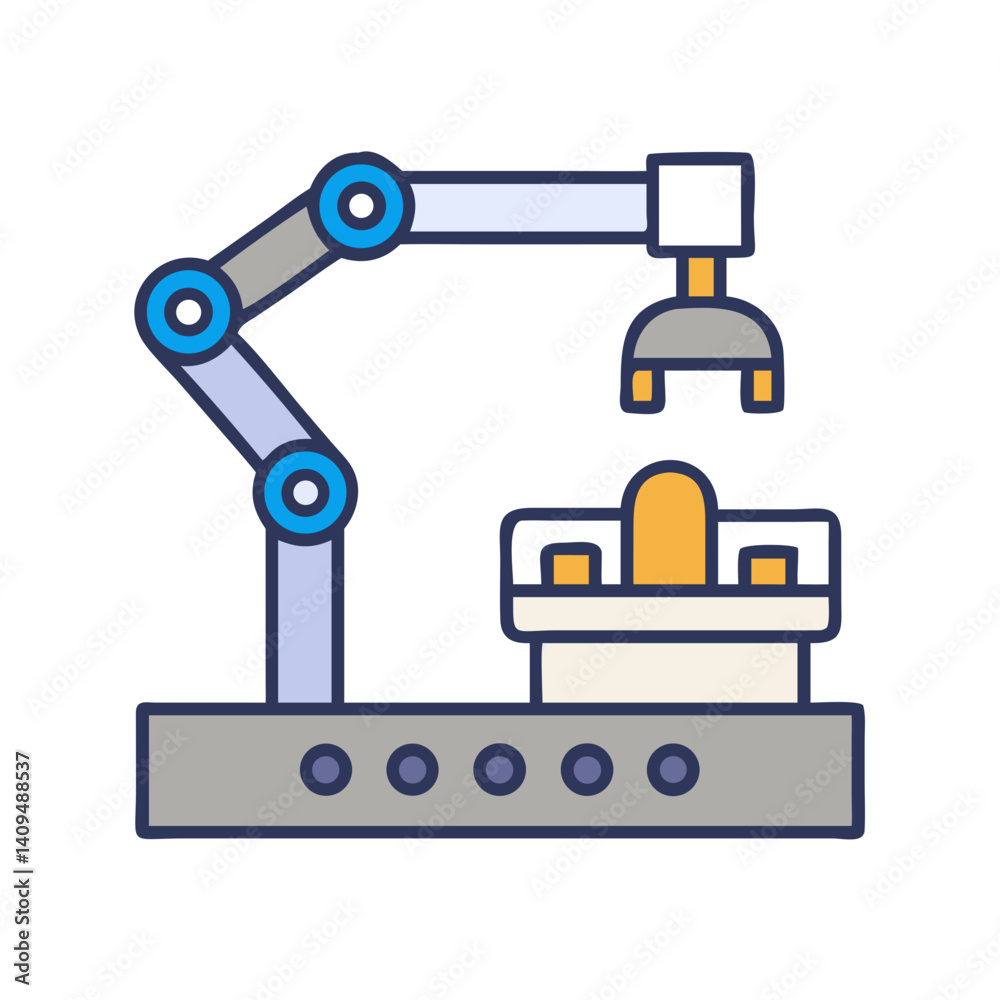 Poster robotic arm on conveyor icon representing automated manufacturing