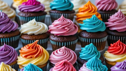 Vibrant array of cupcakes adorned with colorful frosting, perfect for celebrations and sweet indulgences. Each cupcake showcases a unique hue.