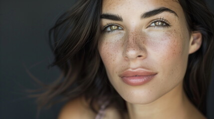 Fototapeta premium Portrait of a woman with radiant skin and natural beauty showcasing freckles and captivating eyes in soft lighting indoors