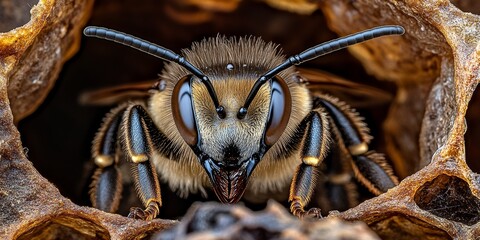 Naklejka premium Honey Bee in Hive With Exquisite Detail on Antennae Compound Eyes. Insect Closeup Macro