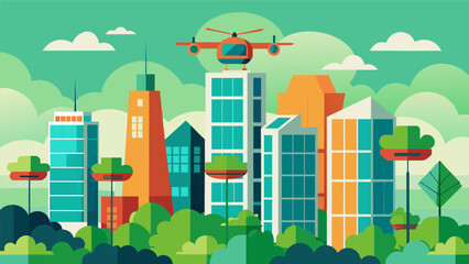 Obraz premium In this ecofriendly city air taxis dart between towering green skyscraperapers surrounded by vibrant vertical gardens and rooftop solar panels.. Vector illustration