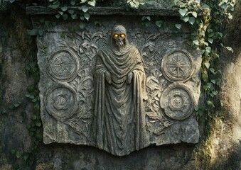 Ancient Guardian: A mysterious carving of a cloaked figure with glowing eyes emerges from an old stone, a captivating representation of history and lore. 