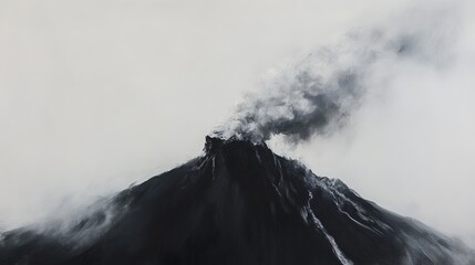 Dramatic black and white volcano landscape painting with smoke art grey dark peak hill view image