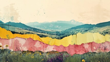 Abstract artistic collage with torn deckled paper edges in natural earth colors Colorful fields and meadows with textured copyspace Analog aesthetic art technique : Generative AI