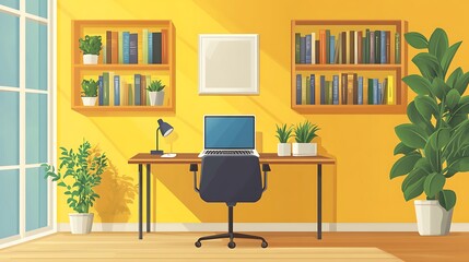 Modern Home Office with Bright Yellow Wall, A modern home office with a desk, chair, laptop, and plants against a bright yellow wall