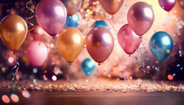 plantilla para invitaciones  y celebraciones de fiestas y cumplea&ntilde;os con alegres y coloridos globos de colores flotando con serpentinas y confeti en un entorno de luces de fiesta 