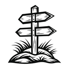 Black and white featuring a wooden signpost rooted in tufts of grass