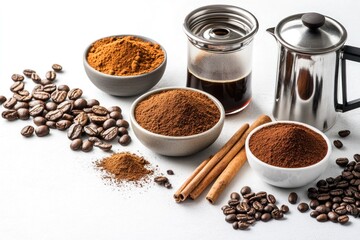 Coffee beans ground coffee cinnamon sticks and a coffee press on white.