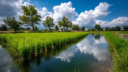 Fototapeta premium Lush rice paddy, tranquil water reflections, sunny day
