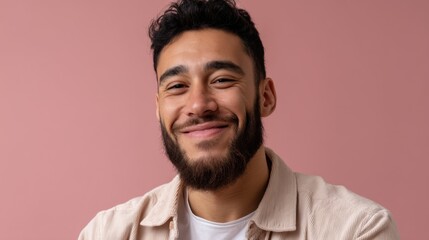 Obraz premium Portrait of a smiling man with a beard wearing a light colored shirt against a pink background wall