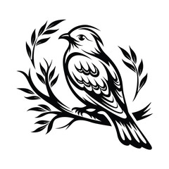 Minimalist Black Bird on Branch Silhouette with Leaves, Monochromatic Wild Bird Art