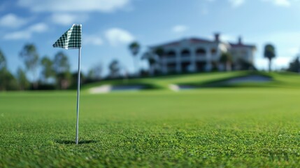 Obraz premium Golf flag on a green with the clubhouse in the background.