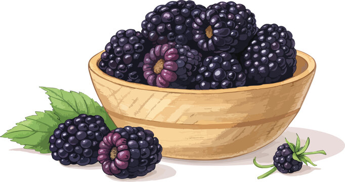 blackberries in wooden bowl, green leaves clip art preview