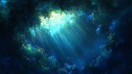 Sky lights pierce the clouds from above; abstract, ethereal use case, background