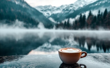 The reflection of a snowy mountain landscape in a steaming cup of coffee