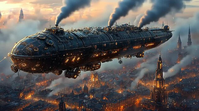 A majestic steampunk airship gliding over a bustling city at dusk, surrounded by smoke and lights