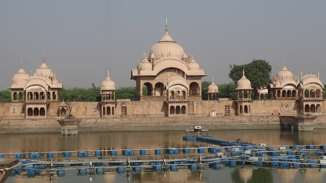 Kusum Sarovar in Govardhan, Mathura, captured during the day. A serene and historical tourist spot with beautiful architecture and sacred significance in Hindu culture.