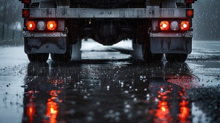 Close-up of a semi-truck rear lights and mud flaps.