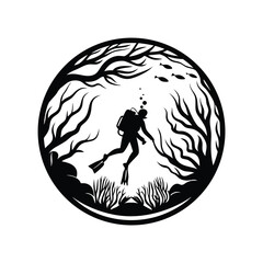 Silhouette of Diver Swimming Underwater Amidst Coral, Reef, Fish and Bubbles Circle