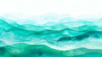 Fototapeta premium Abstract watercolor waves in varying shades of green and turquoise create a serene and calming background texture.