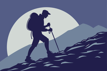 Mountain Hiker Silhouette Vector &ndash; Man Hiking Uphill with Backpack and Trekking Pole on Rocky Terrain
