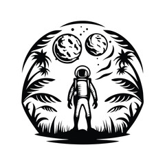 Astronaut Silhouette with Planets and Palm Trees in Circular Frame, Black and White