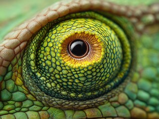 Fototapeta premium macro photo of a chameleon eye with scaly skin texture, isolated on soft olive green background, extreme close-up, vibrant color detail