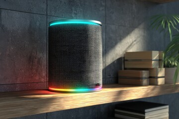 Close-up shot of a smart speaker on a wooden shelf against a textured gray wall, featuring vibrant RGB lighting accents and stylish home decor elements.