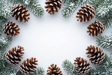 Christmas background with fir branches, cones and snow. Top view with copy space