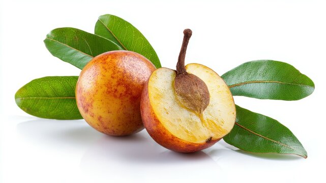 Ripe marula fruit with vibrant leaves, one half cut open on a white backdrop.