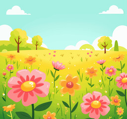 Fototapeta premium Cartoon flower meadow with trees and blue sky