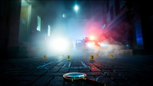 Intro to detective, crime scene, detective background, police cars magnifying glass and evidence