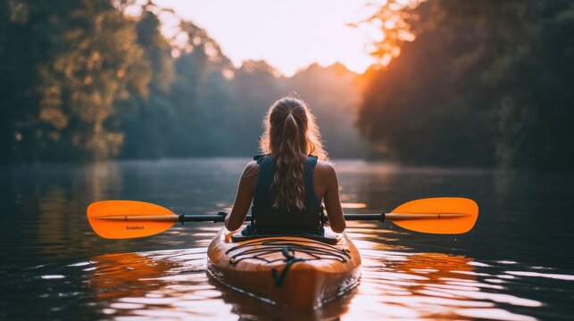 Serenity at dusk as a woman kayaks peacefully on a tranquil lake surrounded by lush trees