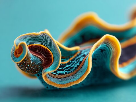 macro photo of a colorful flatworm with wavy edges, isolated on aqua blue background, ultra macro detail, vibrant studio shot